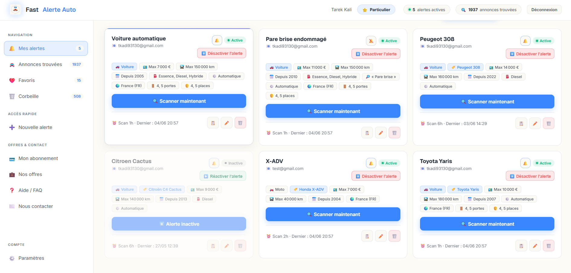 Tableau de bord Fast Alerte Auto — liste des alertes configurées avec leurs critères
