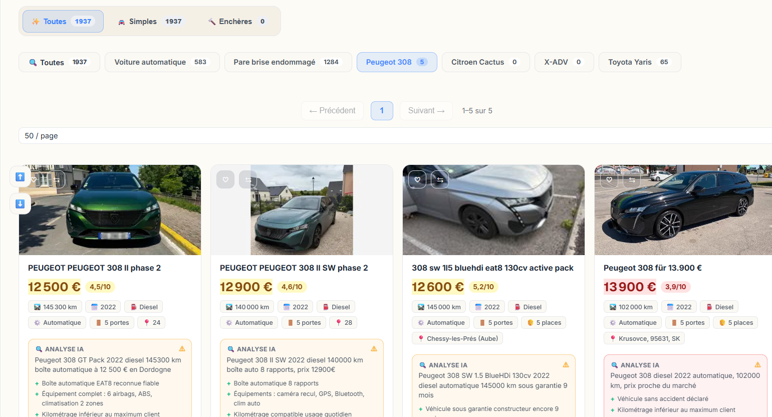 Annonces détectées dans le tableau de bord, triées par score avec Analyse IA